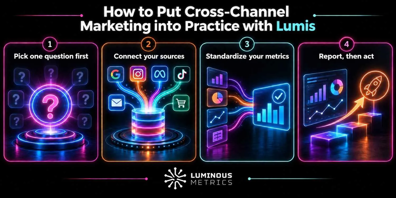 How to put cross-channel marketing into practice with Lumis — a four-step process: pick one question first, connect your sources, standardize your metrics, then report and act
