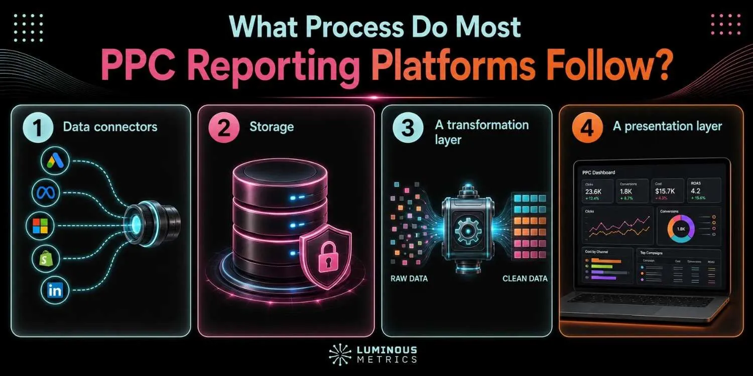 What process do most PPC reporting platforms follow — data connectors, storage, transformation layer, presentation layer