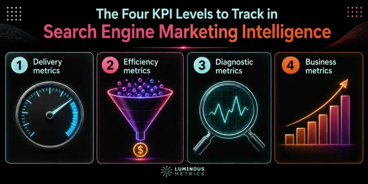The 4 KPI levels to track in search engine marketing intelligence — delivery, efficiency, diagnostic and business metrics