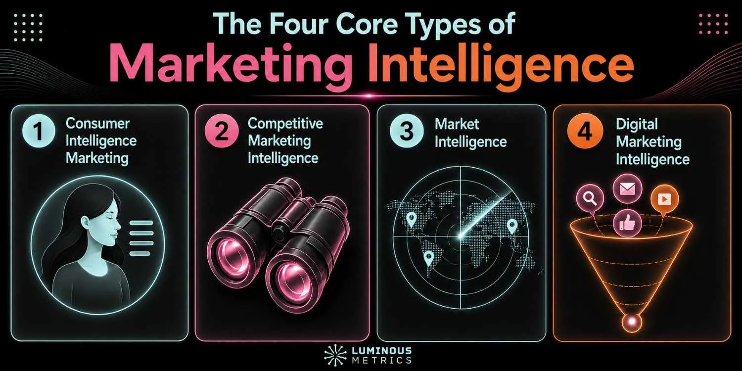 The 4 core types of marketing intelligence — consumer, competitive, market, and digital marketing intelligence